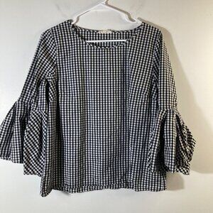 Womens Jane & Delancey Bell Sleeve Gingham Blouse L‎ Black White Cotton